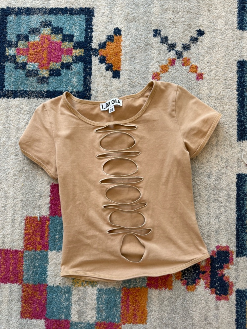 I.AM.GIA Tan Short Sleeve Ladder Cutout Tee